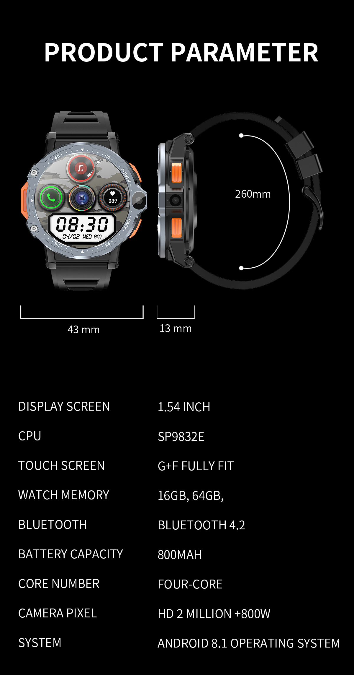 PG999 Black 2+16GB Android Heart Rate Monitor Watch 1.54'' 8.1 Dual Camera WIFI GPS 800mAh 4G