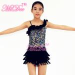 2 In 1 Jazz Tap Costumes Purple Sequin Dance Leotard Diagonal Ruffle Neck With