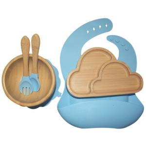 China BPA Free Baby Silicone Products Plate Set Elephant Wooden Silicone Suction Plate Set factory