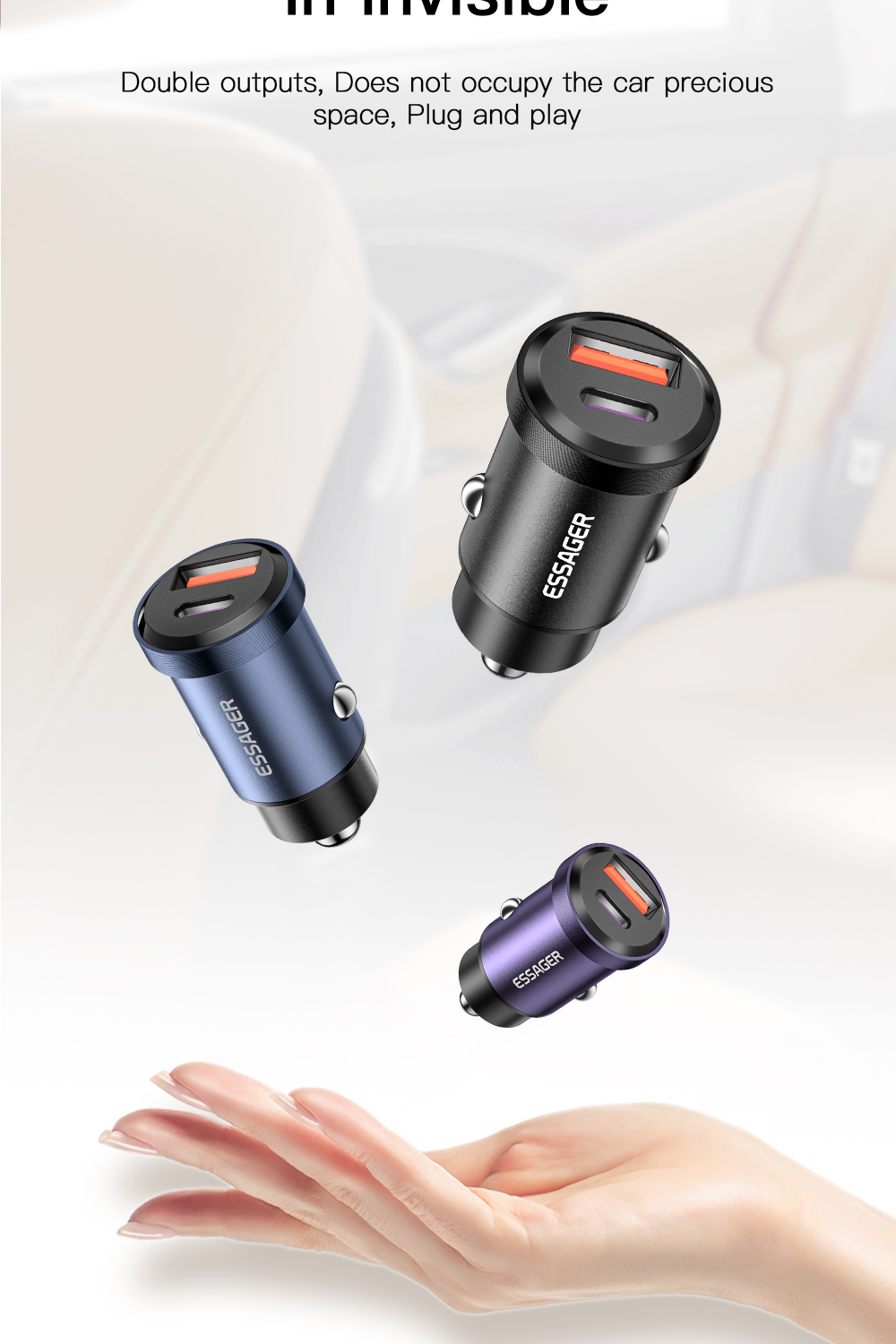 Essager 2022 Gyroscope New USB-A Type-C 30W 45W PD20W Mini Charger Car Charger