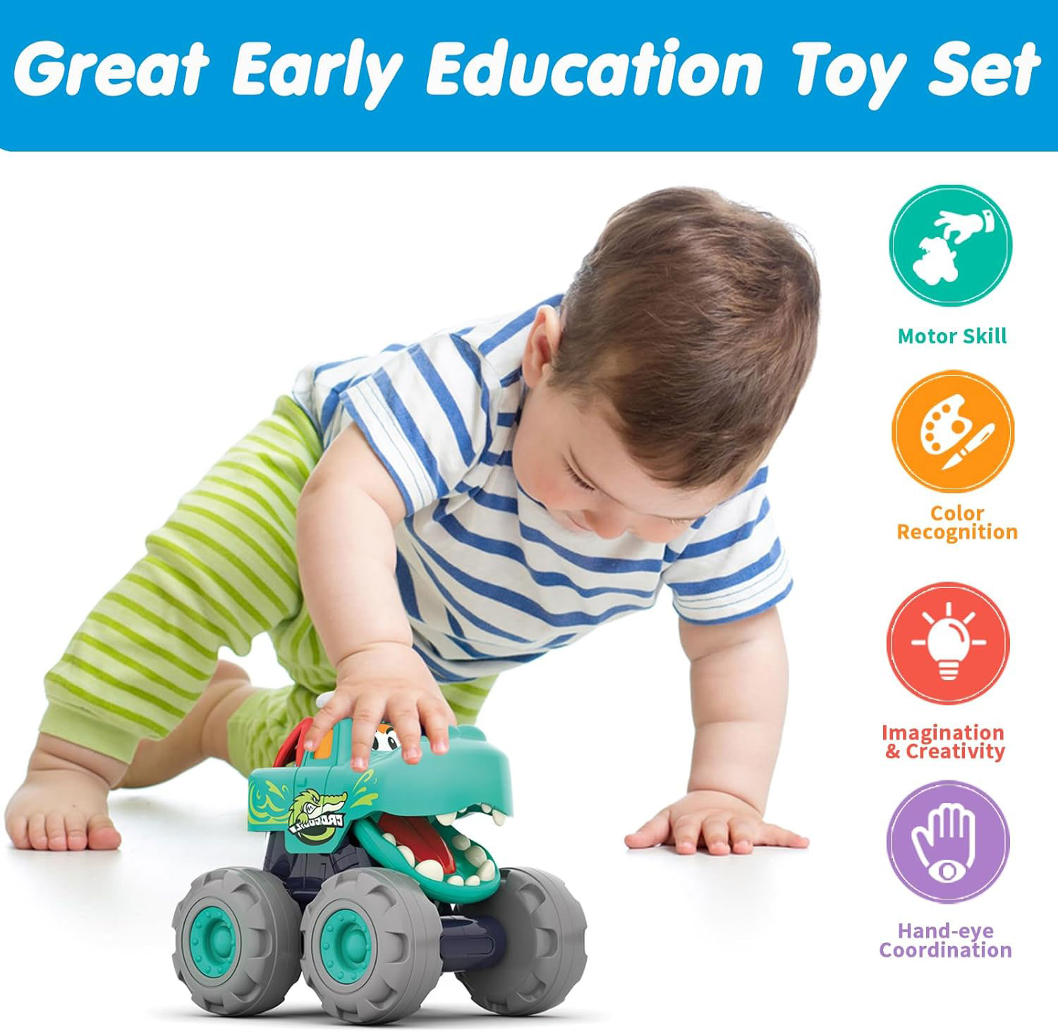 No Battery 3 Pack Friction Powered Pull Back Toy Cars Set for 1 2 3 Year Old Boys
