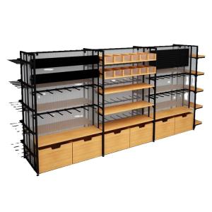 China Factory Customized Color Size Combined Supermarket Shelving Supermarket Modern Display Shelf Wood Pattern Supermarket Shelves factory