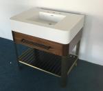 Single Sink walnut wood veneer with brass metal base and black metal slats shelf