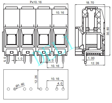 Pitch 1P-XXP 600V 60A PCB Screw Terminal Block Connector 10mm2 DL134D-XX-10.16
