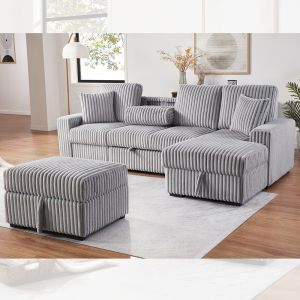 China Sectional Sleeper Sofa with Pull-Out Bed and Dropdown Table and Storage Chaise and Storage Ottoman, Gray Corduroy Fabric on sale