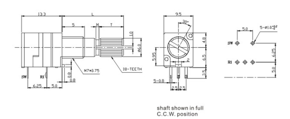 5 Pin 1KΩ Potentiometer With Push Button Switch 9mm