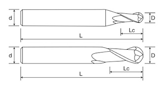 HRC 55° R3*6*12*6*150L 2 Flutes Ball Nose End Mill For Aluminum Without Coating