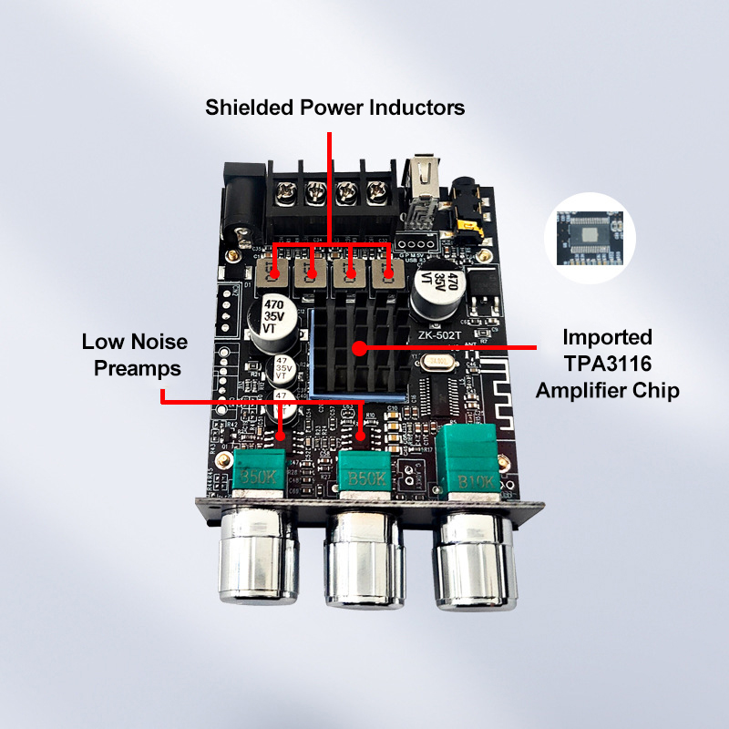 TPA3116D2 Subwoofer Audio Amplifier Module ZK-502T 2-Channel Audio Stereo Board with 2*50W Bass AMP and AUX Communication
