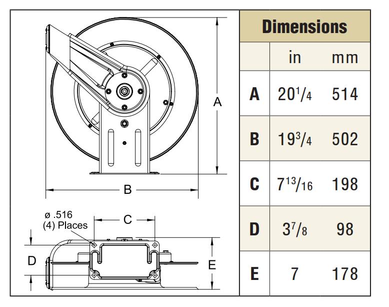 Multi-positional guide arm facilitates ceiling, wall or  floor mount Metal Clean Air Hose Reel
