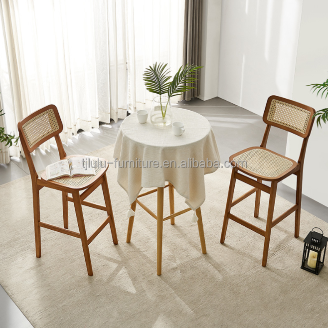 Modern Customized Hotel Dining Room Rattan Furniture Solid Wood High Back Bar Chair for Sophisticated Dining Experience