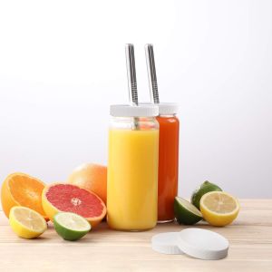 Glass Juicing Bottles with 2 Straws & 2 Lids w Hole- 16 OZ Travel Drinking Jars,