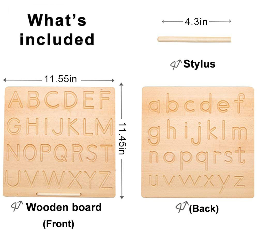 Double-sided Letter Tracking Board,Wooden Alphabet Tracing Board from Montessori Learning Skills Toys,11.55 x 11.45 Inches
