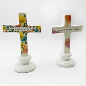 China Solid Ceramic Material Crafts Standing Sculpture For Table Altar Ornament Cross With Words factory