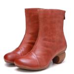 S041 retro leather thick heel short boots women's boots mid-heel women boots