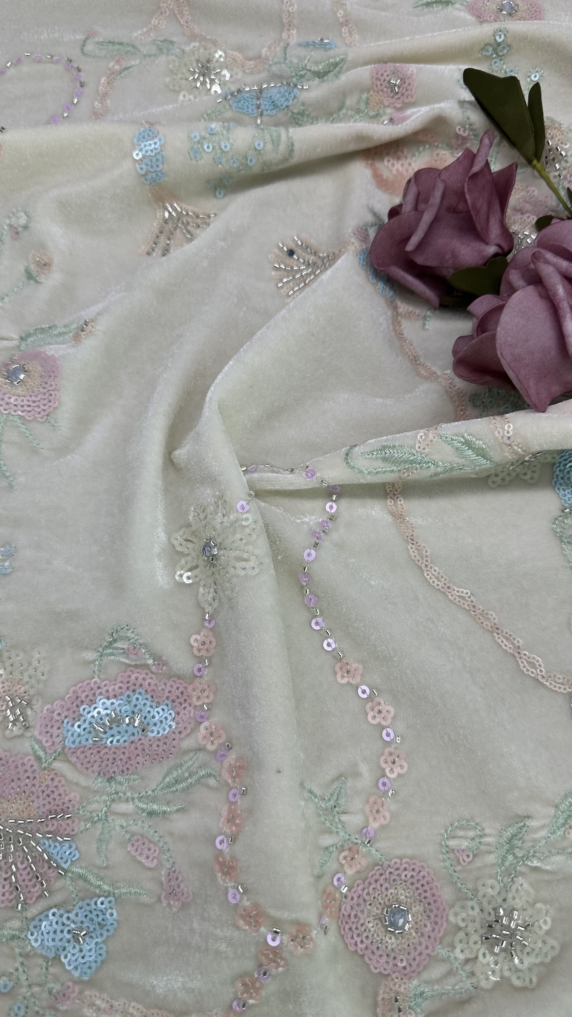 East Culture Leafy Sequin Floral Lace Fabric For Dressmaking Dinner Gowns Shining Fabric
