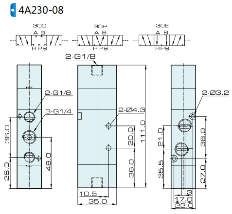 4A230C-08 4A230E-08 4A230P-08 Airtac Type 5/3 Way Air Pilot Valve