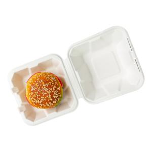 China 6x6 inch Biodegradable Clamshell Boxes , Bagasse Hamburger Box factory