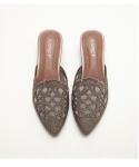 BS148 Pointed Toe Rhinestone Half Slippers Women 2021 Summer Mesh Mid-Heel Shoes