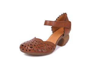 China S296 Spring New Products Original Handmade Leather Velcro Single Shoes Hollow Retro Casual Round Toe Wedge Shoes factory