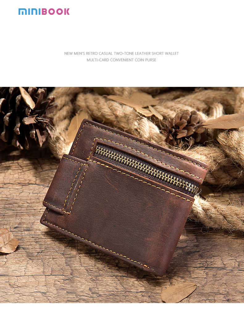 Customize Logo Design Short Men's Wallet in Genuine Leather with Zipper Closure