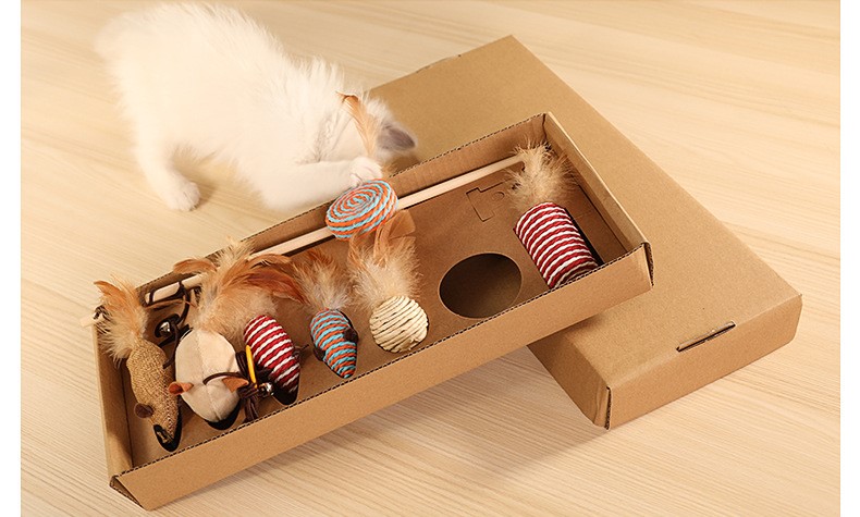 Cat Teaser Playing Cat Toys Interactive Set Wooden Gift Box 7pcs Cat Teaser Wand for Cats