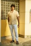 Ramie Men'S summer Short Sleeve Cuban Dress Apricot Loose