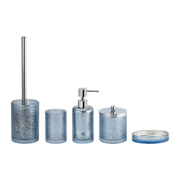 5pcs Glass Bathroom Accessories Set Mercury Blue With Honeycomb Toilet Brush