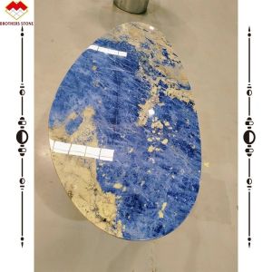 Modern Calcite Marble Worktop Dining Table with Translucent Bolivian Blue Stone