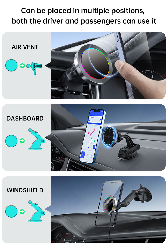 Aluminium Alloy Base Case Wireless Charging Station For Car Phone Holder With Hidden Light Off Function
