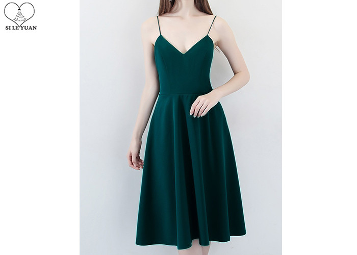 Dark Green Sleeveless Backless Prom Dress Polyester Fabric Back Bow Short Length
