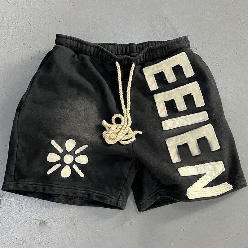 Acid Wash Cotton Shorts Sun Faded French Terry Patch Embroidery Distresses Vintage