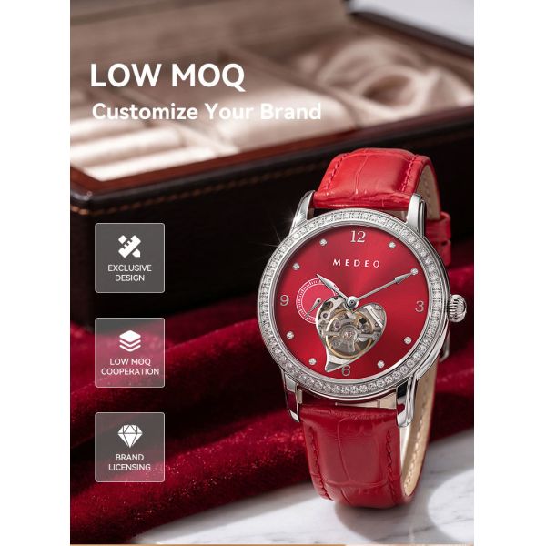 Wholesale red ladies mechanical watch with diamond bezel, showcasing custom branding options and low MOQ OEM service.