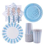 Boys Christmas Blue Strip Birthday Paper Plates And Napkins Cups