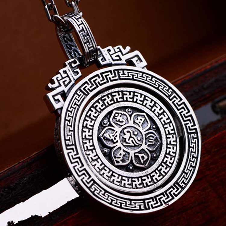 Sterling 925 Silver Vintage Buddhism Blessings Charm Pendant Necklace for Women Men (060396)