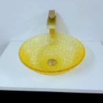 Round Lacquered Crystal Wash Basins Low Profile Glass 12mm Modern Gold Yellow