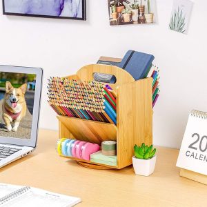 Standing Type 6 Compartments Bamboo Desk Storage Set for Documents and Office