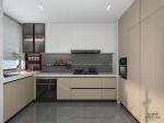 Modern U-Shaped Wood Grain Stainless Steel Kitchen Cabinet With Vibrant Red Open