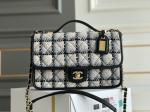 Classic 2WAY Chanel Medium Flap Bag Messenger Black White Plaid Wool