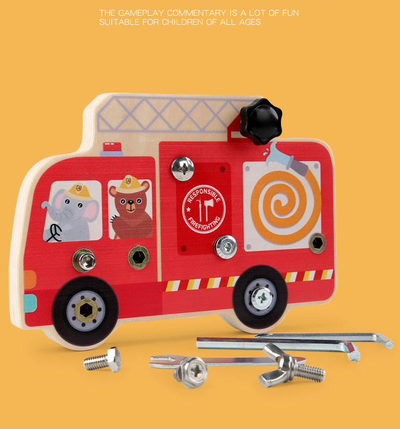 Preschool Wooden Car Busy Board Gear Unlocking Project Fire Truck Kindergarten Puzzle Toy