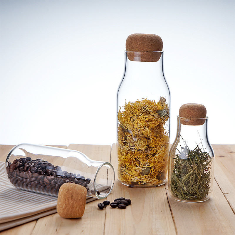 150 Ml 330 Ml Decorative Glass Bottles / Glass Storage Jars With Cork Lid