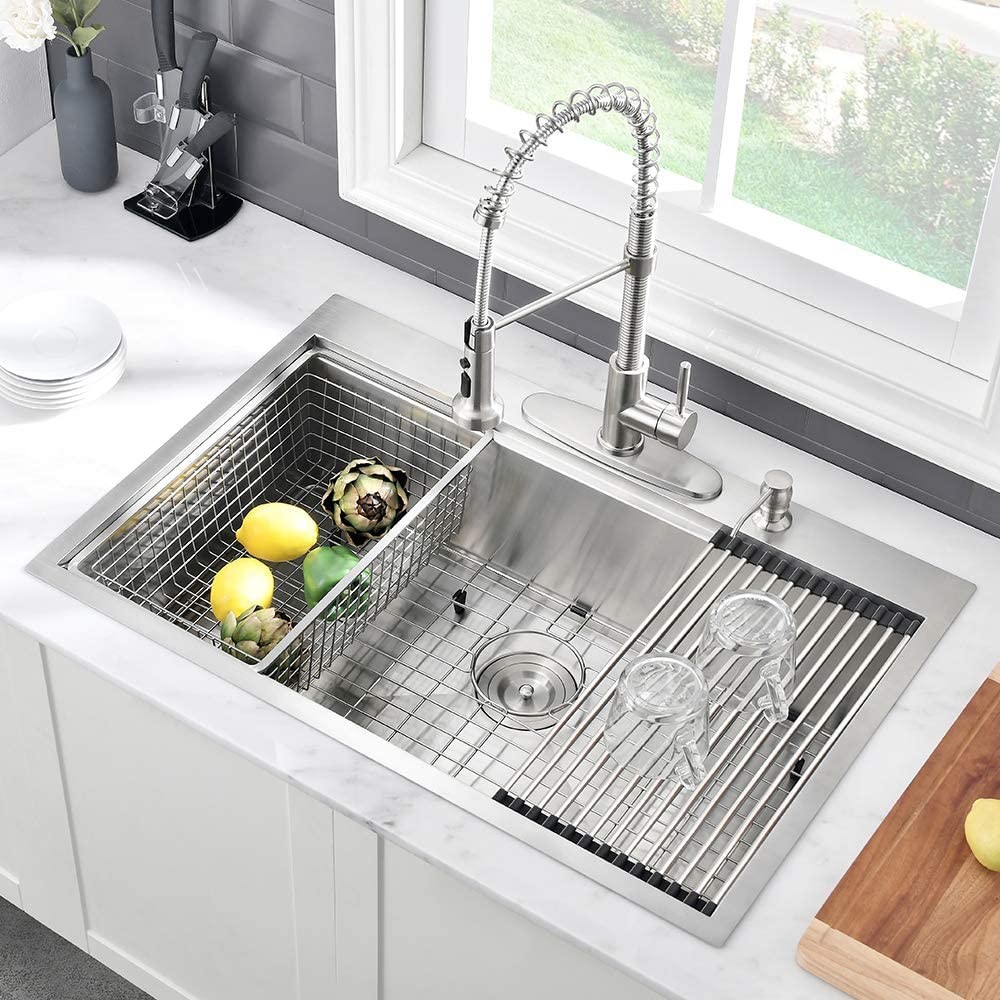 Brushed 16 Gauge Top Mount Stainless Steel Farmhouse Kitchen Sink 33 X 22