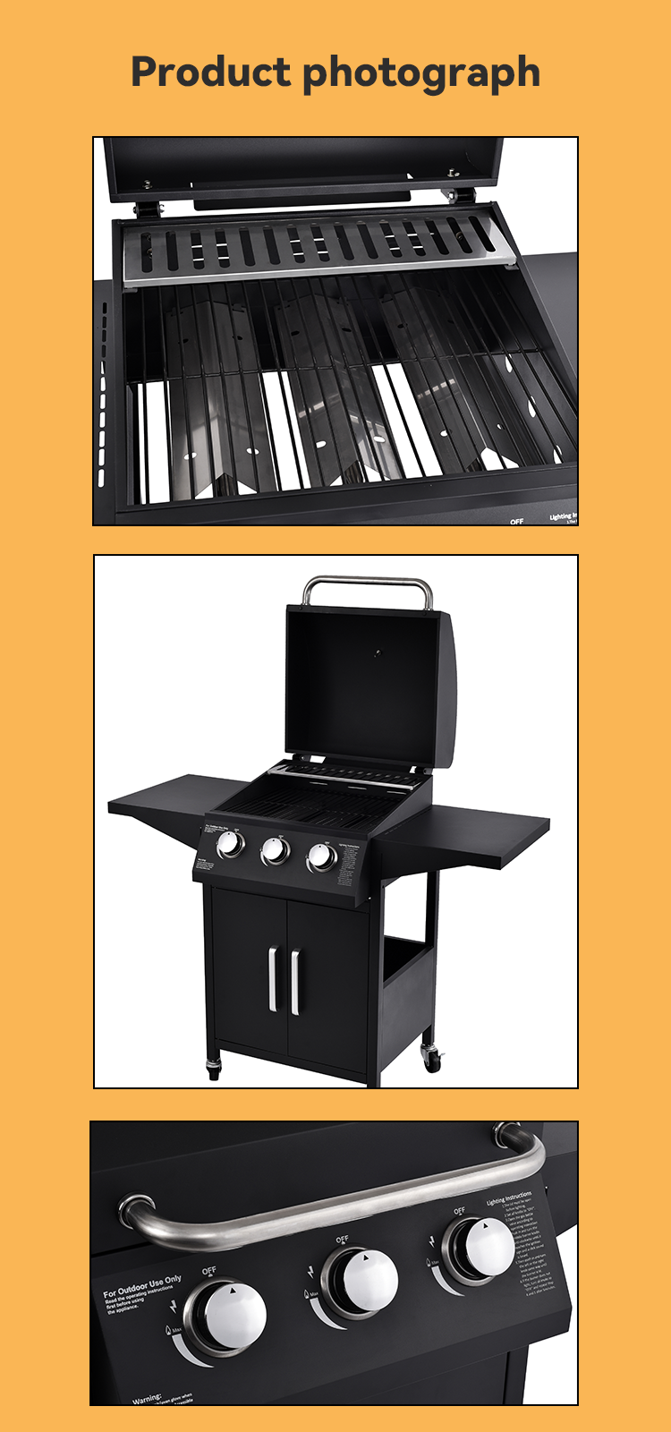 Indoor and Outdoor Multi-Stage Regulation 3 Burner Black Commercial Gas Bbq Grill Machine