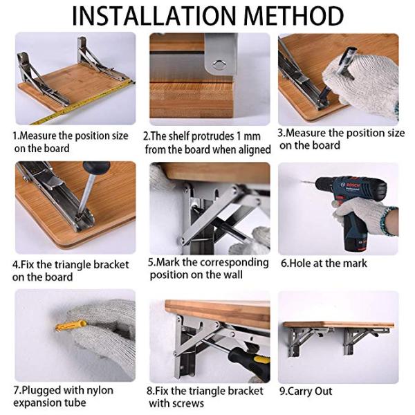 Black Stainless Steel 12 Inch Folding Bench Shelf Bracket Custom Materials for Table