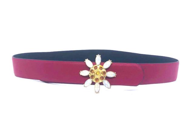 Red Color Women Rhinestone Belt Crystal Leather Waist Floral Cummerbund For