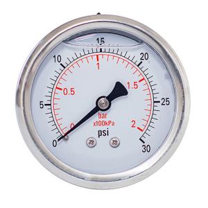China 30 PSI Liquid Filled Pressure Gauges, 63mm Class Dial Plate Stainless Steel Case factory
