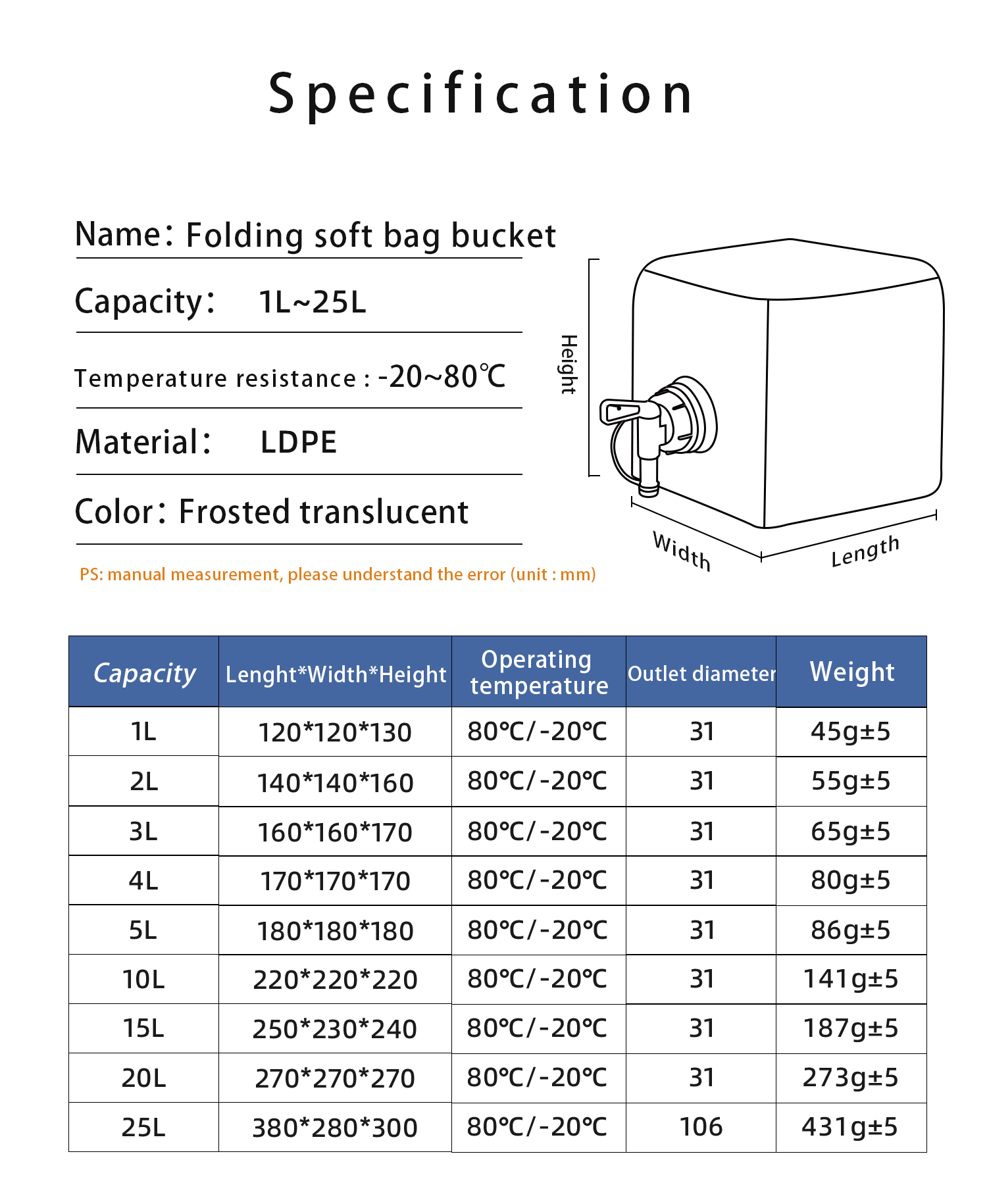 5L 10L 15L 20L Outdoor Camping Water Bag with Telescopic Tube Leak-Proof and Easy to Fill