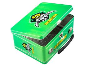 China Sports 3D Embossed Rectangular Lunch Tin Box Metal Wire Hinge OEM Accepted factory