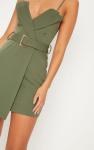 Women Khaki Tux Detail Belted Wrap Bodycon Dress With Spaghetti Strap