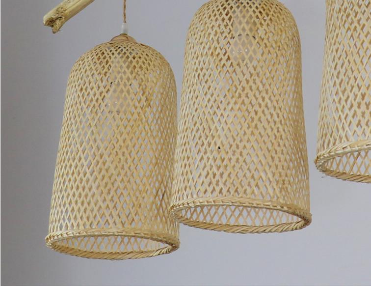 Three Heads Rattan Pendant Light , Restaurant Bamboo Woven Lamp 3500K