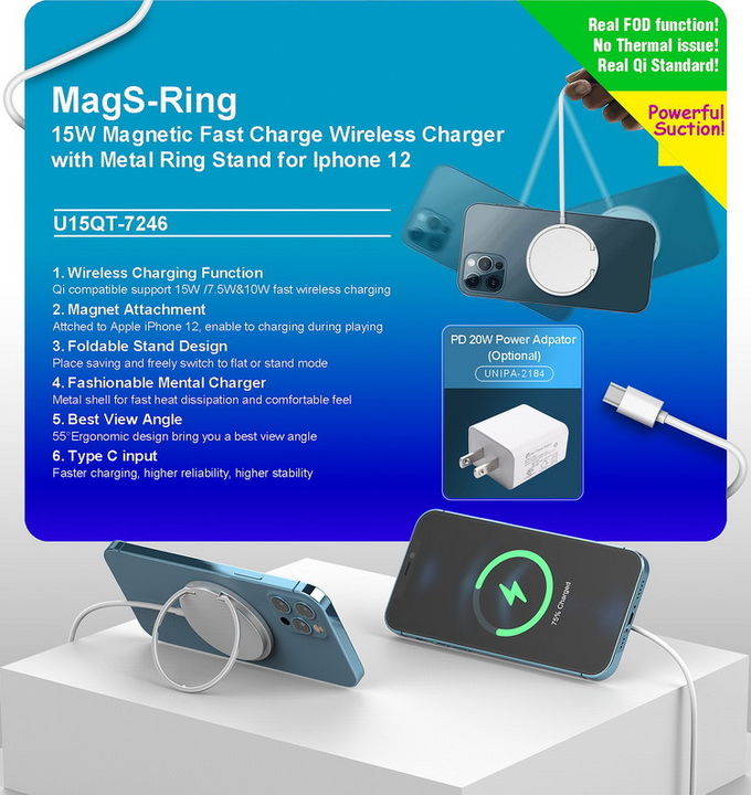 Ultra Thin Aluminum Magnetic Wireless Charger with Stand 15 Fast Charging for Iphone 12